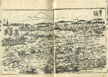 右新吉原、左浅草寺、中央に横たう人の往来する日本堤　八百善を望む図